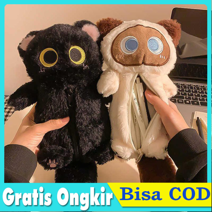Tas Pensil Kucing Bulu Lembut Premium Kapasitas Besar - Kotak Alat Tulis Karakter Imut untuk Sekolah
