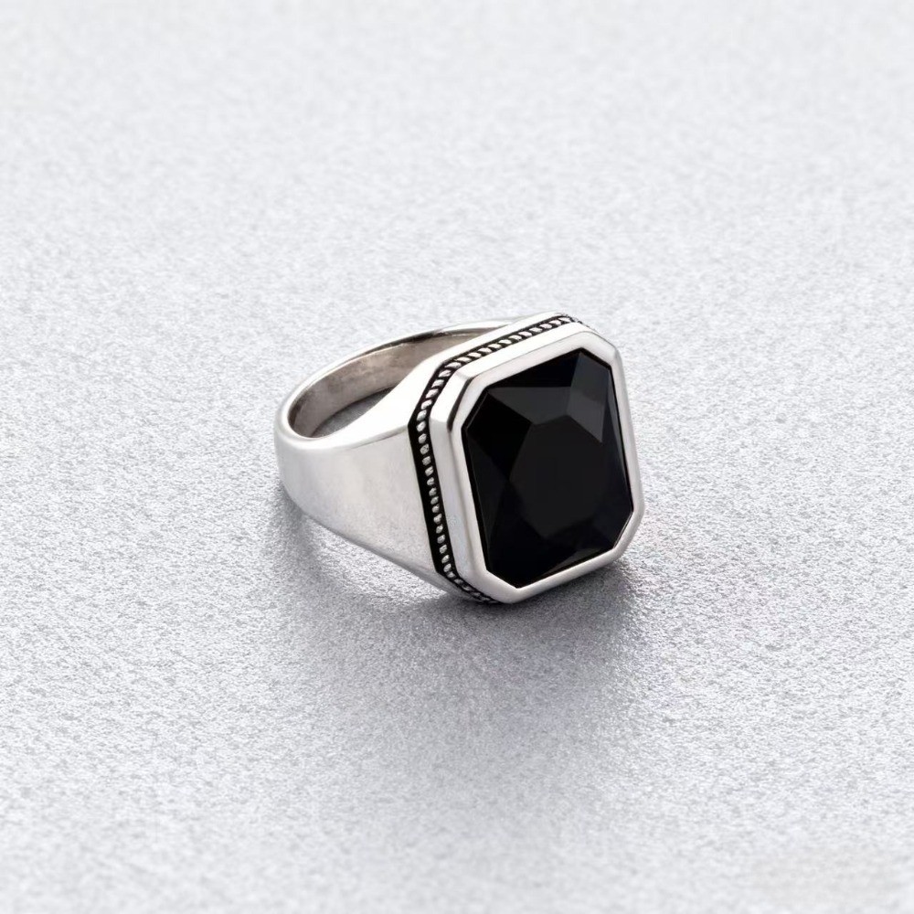 Cincin Pria Klasik Perak Batu Black Onyx Vintage Detil Rajut Menawan Fashion Mewah Perhiasan Lelaki 