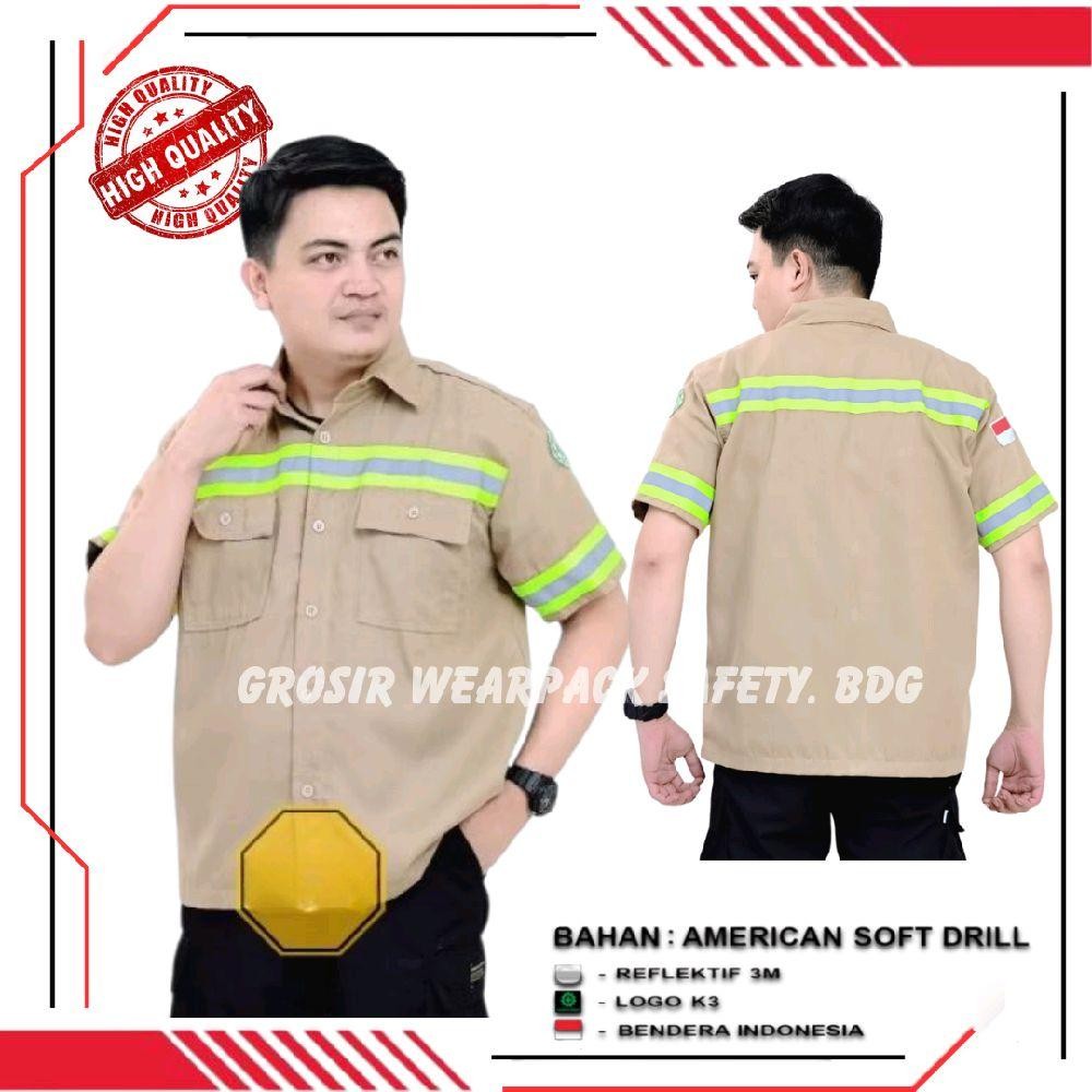 Kemeja Wearpack Safety Warna Khaky Seragam Kerja Baju Atasan Lengan Pendek Lis Strip Hijau | Seragam