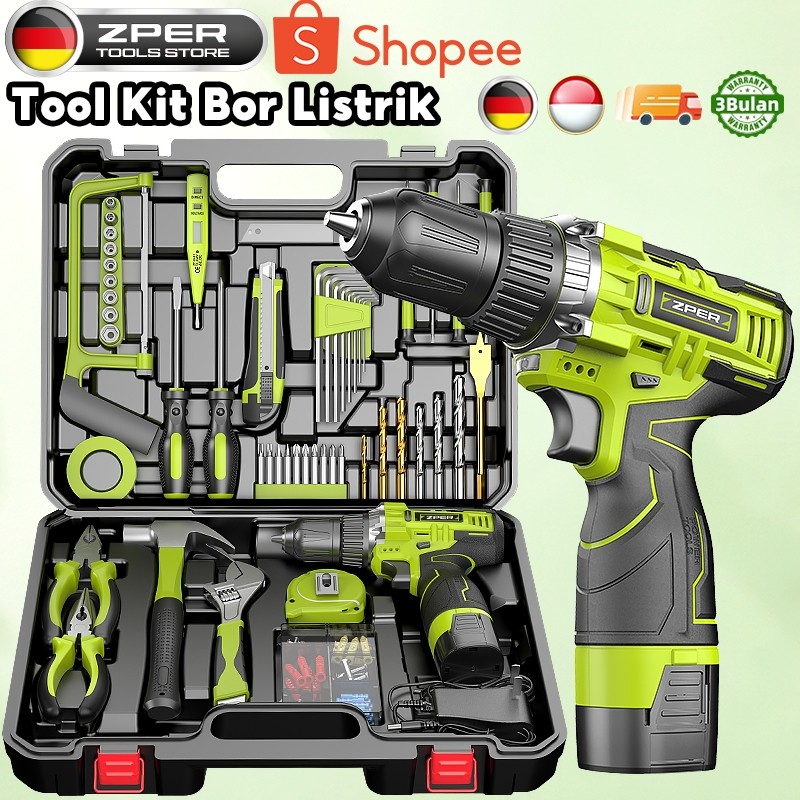 ZPER 120PCS Tool Box Besar Mesin Bor Baterai Toolkit Set Alat Tukang Bangunan Lengkap Kotak Perkakas
