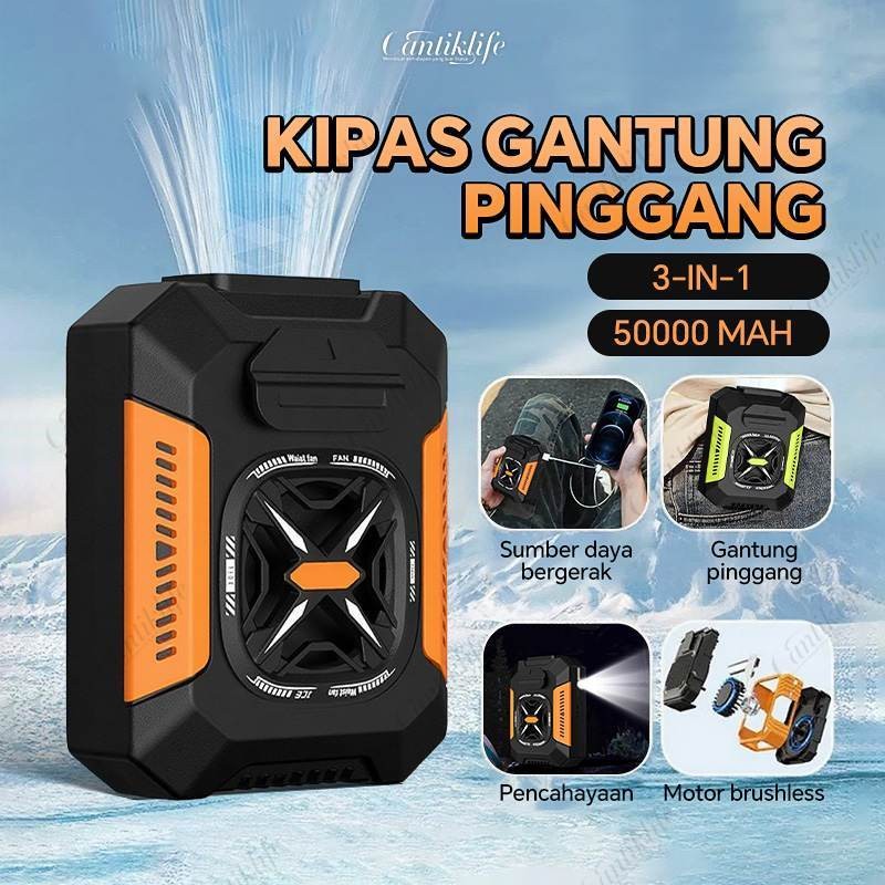 3 in 1 Kipas Pinggang - Kipas Angin Portable Pengatur Kecepatan Angin 3 Tingkat Power Bank Lampu pen