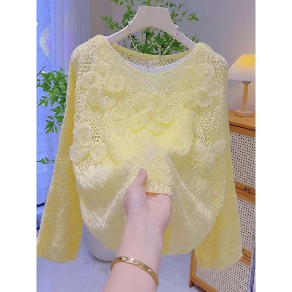 Yellow Floral Beaded Hollow Semi-Sheer Knitted Sweater Soft and Cozy Sweater