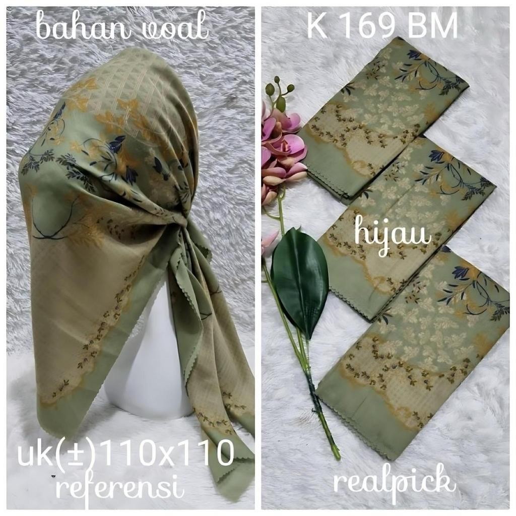 imn . Hijab segi empat voal (CODE 104) motif bunga sage green ukuran 110x110cm Kerudung Mewah Muslim