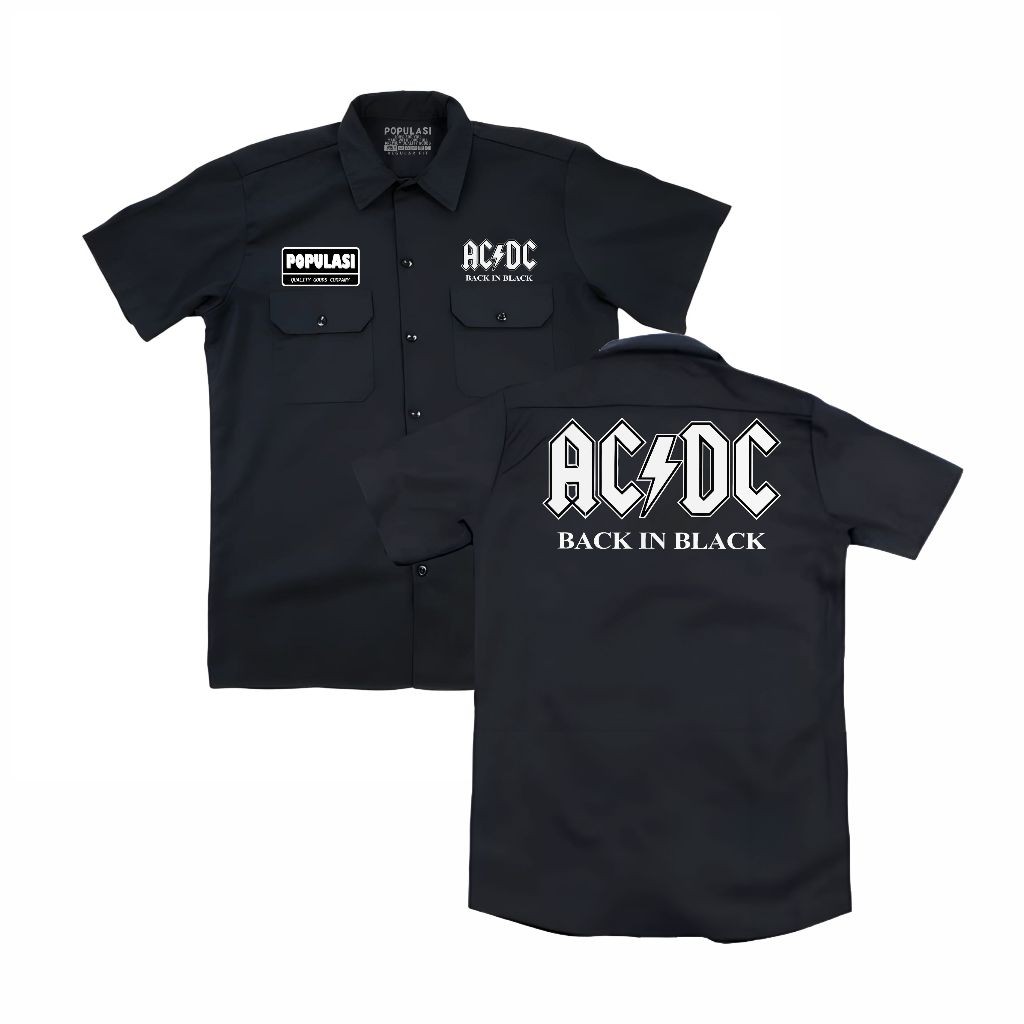 Populasi  Workshirt Acdc back in Black pdh band musik Pakaian pria wanita  Kemeja pdh Vintage Casual
