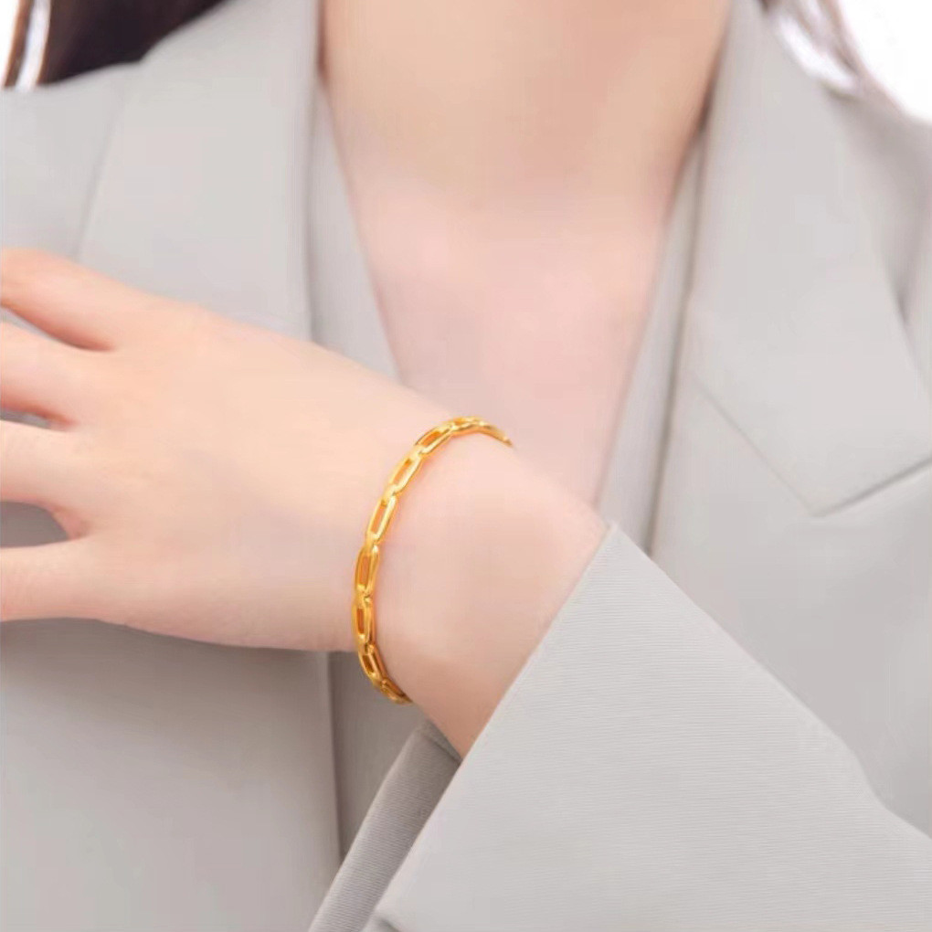Luxury 24K 9999 Pure Gold real gold Women's Ring-and-Ring Bracelet Open Bracelet