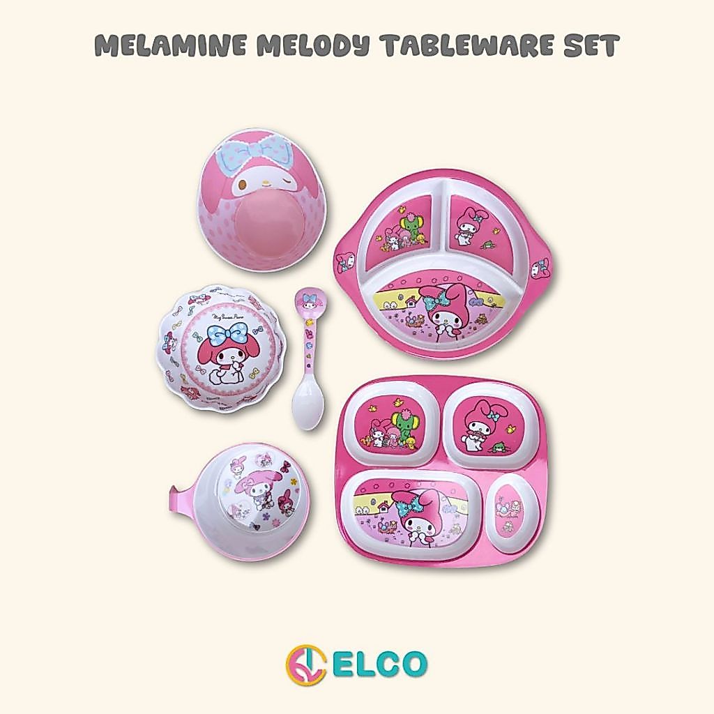 ELCO premium melamine my melody kids plate spoon tableware set / piring sendok anak bahan melamin my