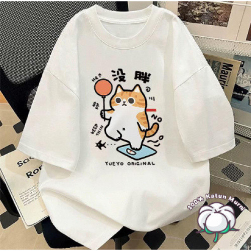 T-SHIRT WANITA [Motif Kucing Jeruk Gemuk Lucu] Katun Kaos Wanita Korea COD | OverSize Leher Bulat