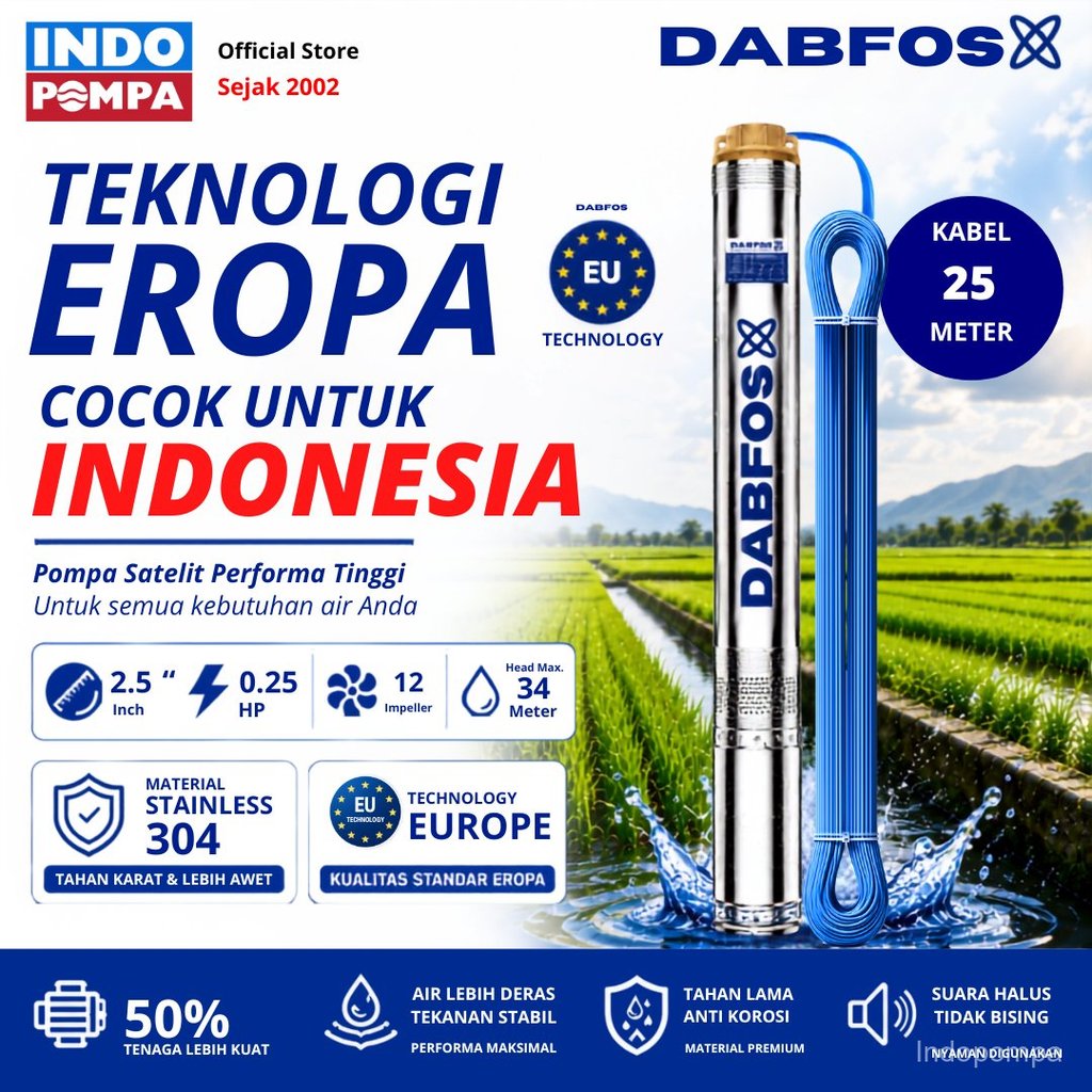 Pompa Satelit Dabfos 2,5 Inch 0.25 HP + Kabel 25 Meter– Submersible / Sible Berkualitas / Teknologi 