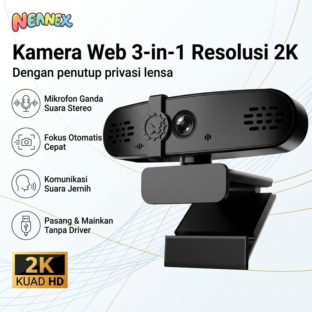 Nennex Kamera Web PC Laptop 2K Jernih Dual Mic Anti Bising USB Plug and Play Tutup Privasi Kamera Ek