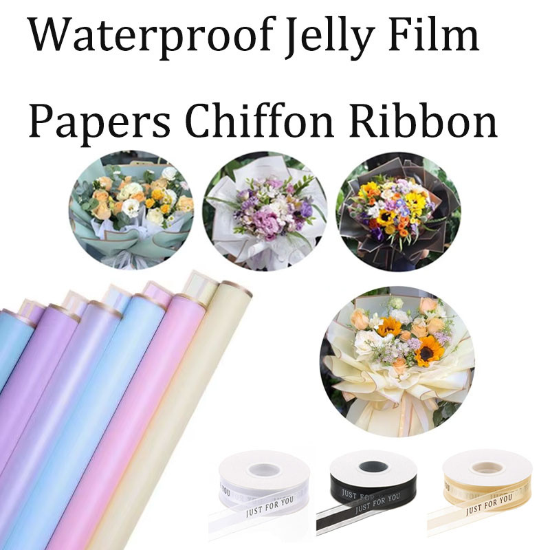 

20 Sheets Waterproof Jelly Film Wrapping Papers with1 Roll Chiffon Ribbon Floral Bouquet Gift Wrap with Golds Edges, for Wedding