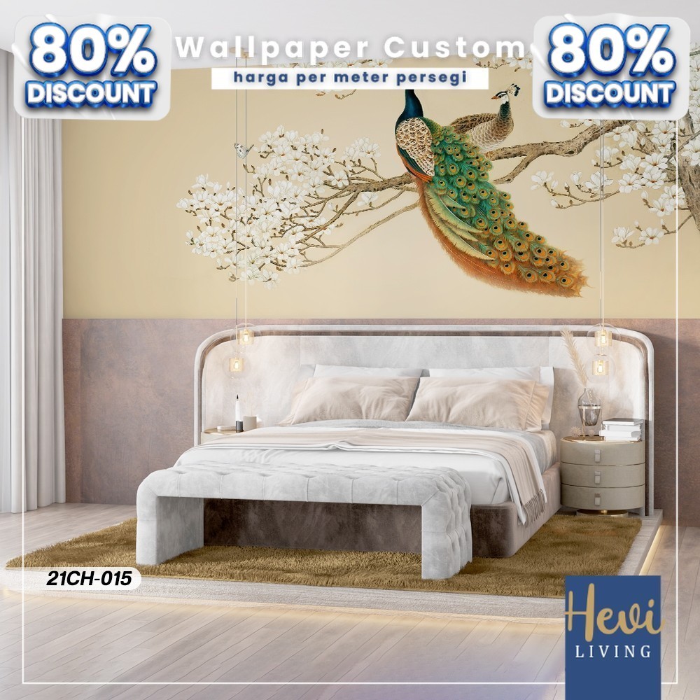 Wallpaper Custom - Wallpaper Custom Kamar Tidur - Wallpaper Custom Gambar Bunga dan Burung Merak - W