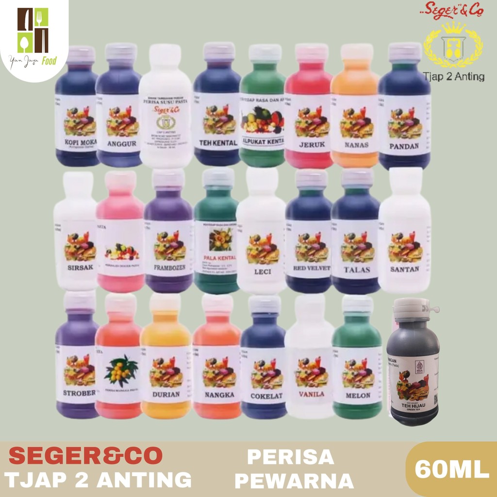 

Seger&Co Campuran Perisa & Pewarna 60ML / Tjap 2 Anting / Cokelat / Susu / Jeruk / Anggur / Red Velvet / Durian / Mangga / Perisa / Pasta