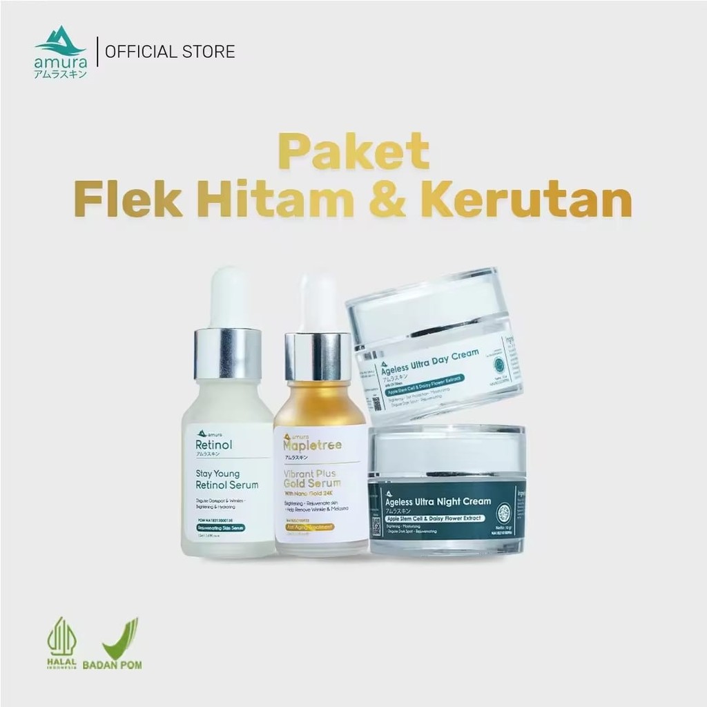 PROMO Paket Perawatan Wajah AMURA: Serum Retinol & Gold + Krim Siang & Malam untuk Flek & Kerutan