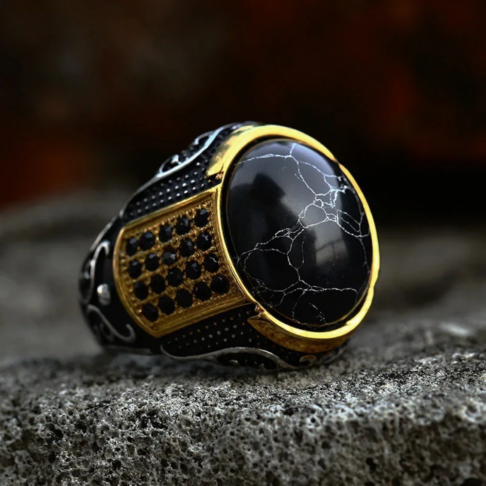 Cincin Pria Fashion Batu Akik Hitam Crackle Desain Vintage Bergaris Ukiran Emas Perak Aksesoris Jari