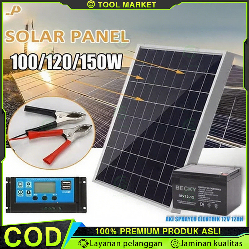 60W-150W Panel Surya Solar Panel + Aki Sprayer Elektrik 12V12Ah Mono Panel Kristal Mono Panel Surya 