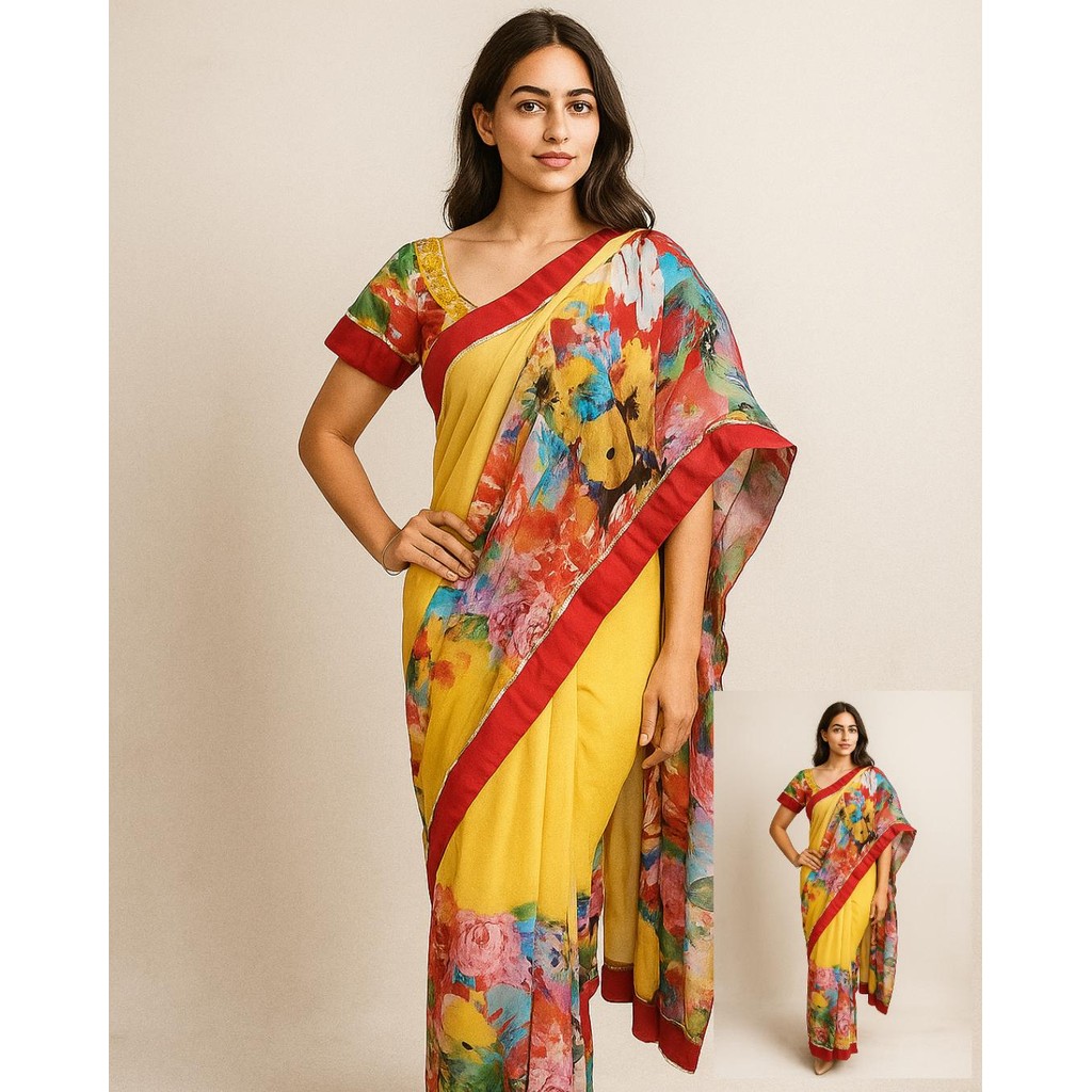 Saree Instant India Bahan Sifon Youryou Printed & Polos
