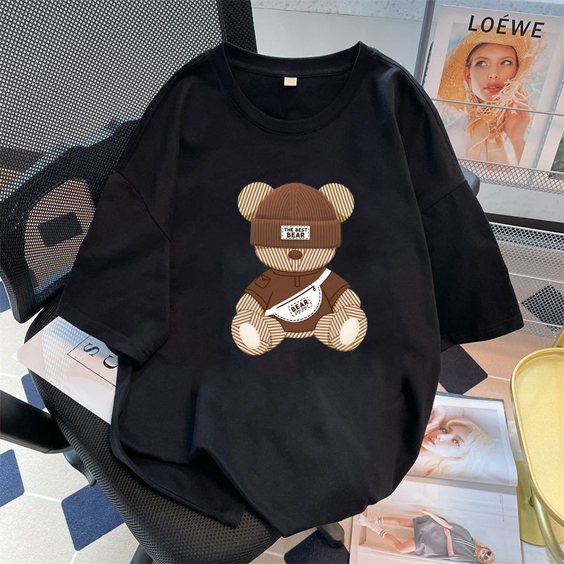 100% Katun, Cocok untuk Pria dan Wanita, Model Lebar T-shirt Oversize Teddy Bear | Kaos Hitam
