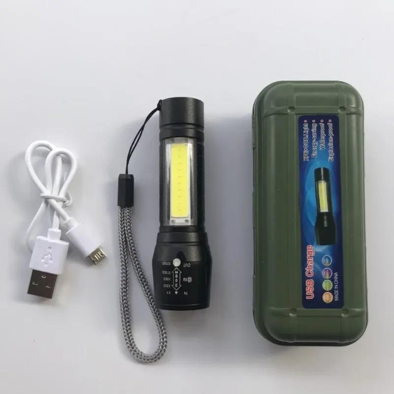 Outdoor Strong Light Mini Telescopic Flashlight Small Home USB Charging COB Side Light Aluminum Allo