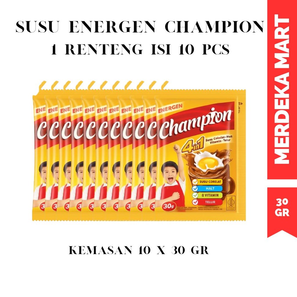 

ENERGEN CHAMPION 1 RENTENG ISI 10 PCS 30 GR SACHET SUSU COKELAT