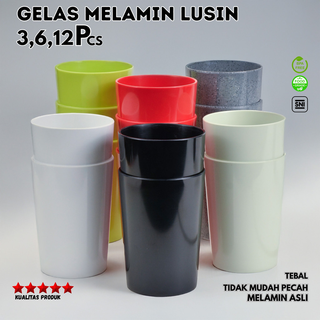 Gelas Melamin 1 Lusin 3/6/12 Pcs – Food Grade, Tahan Panas Awet, Cocok Hotel Resto & Kafe