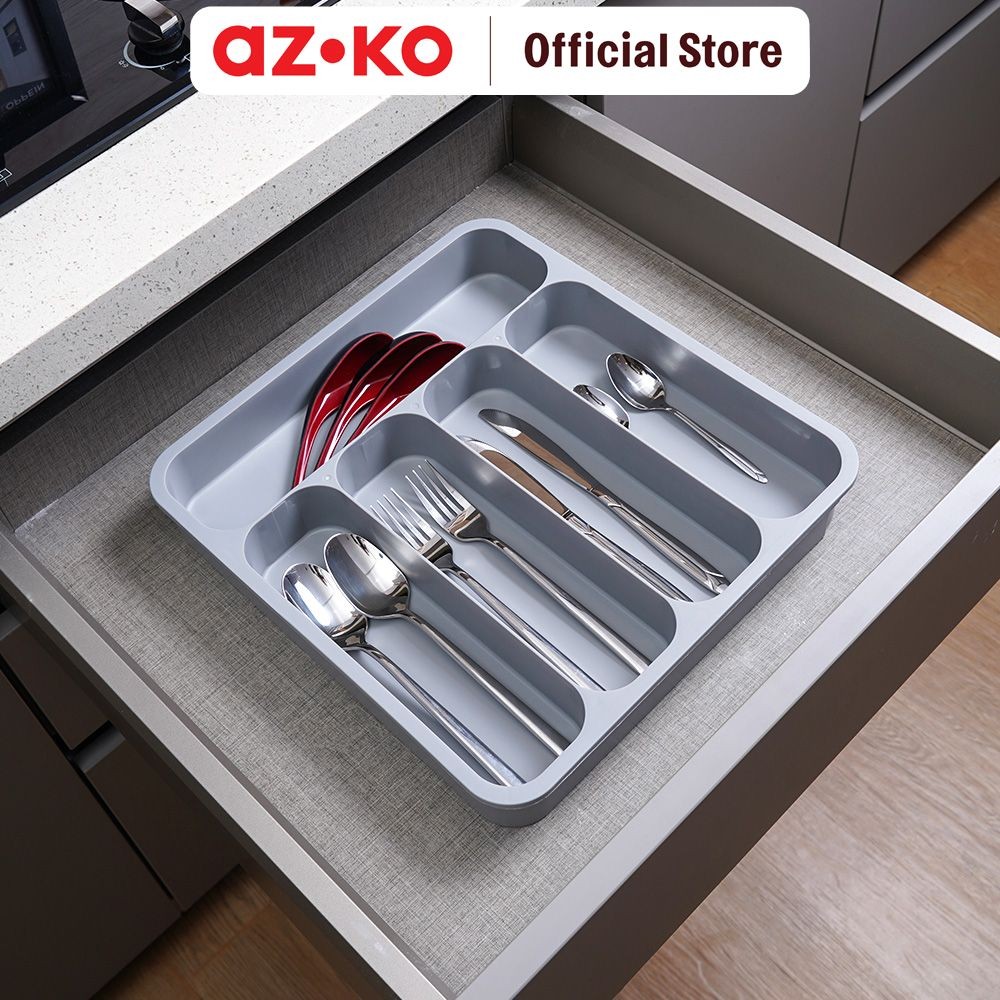AZKO Stora Tempat Alat Makan Plastik Pp Extendable - Abu-Abu Set Alat Makan Cutlery Set Peralatan Ma