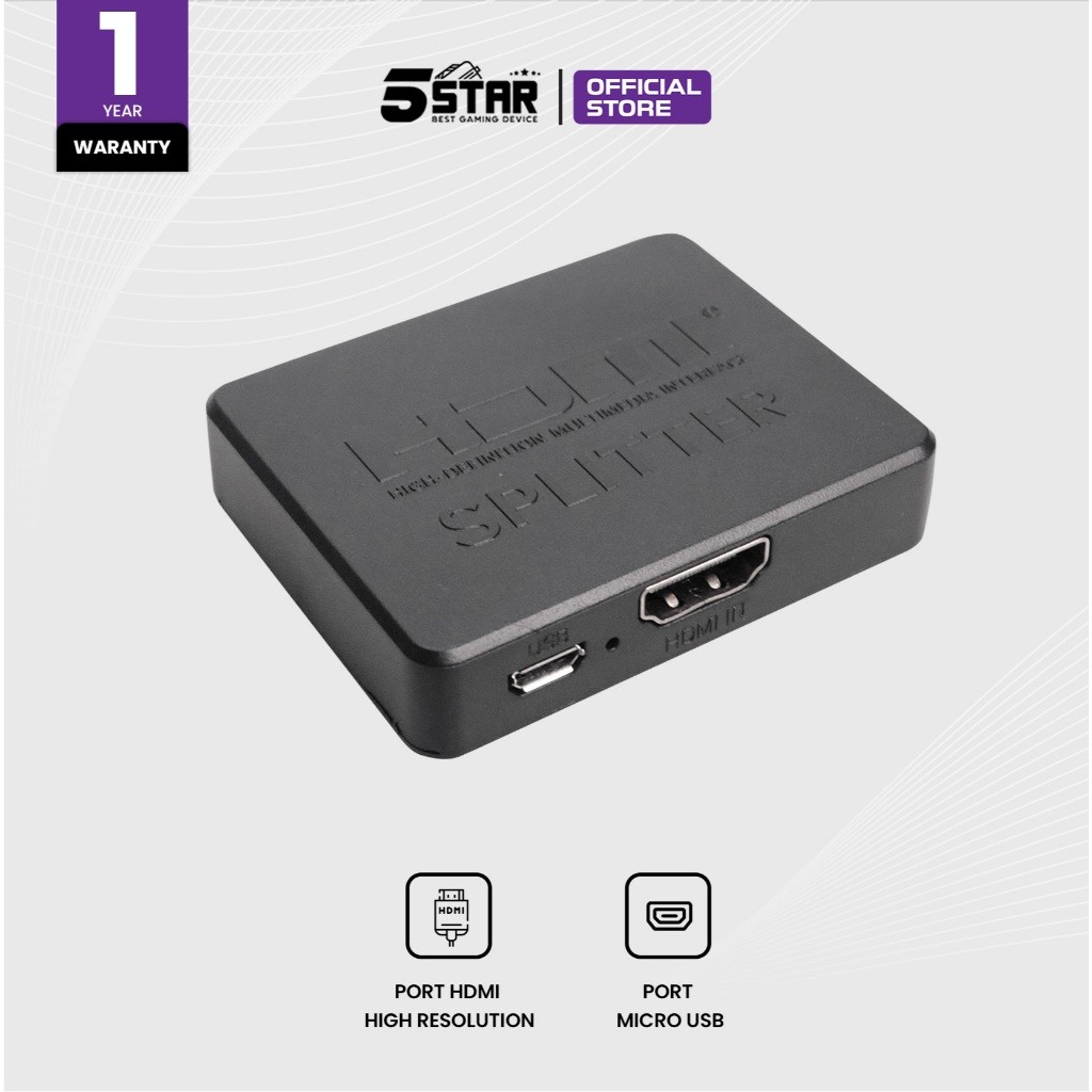 5Star 2 Port HDMI Splitter dengan USB Power Cable Pembagi Sinyal HDMI 1 Input 2 Output untuk TV, Mon