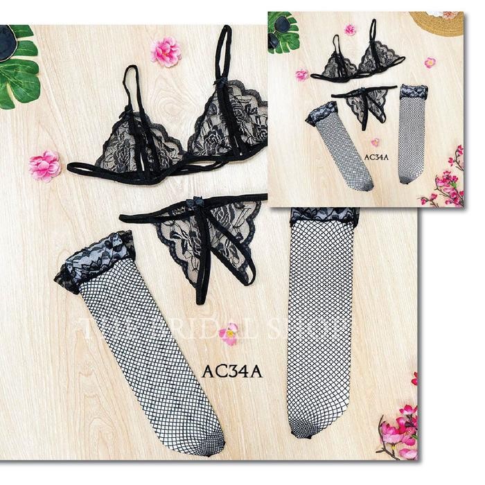 One Set Underwear Wanita Stocking Jaring BH CD Lace  Lingerie AC34A