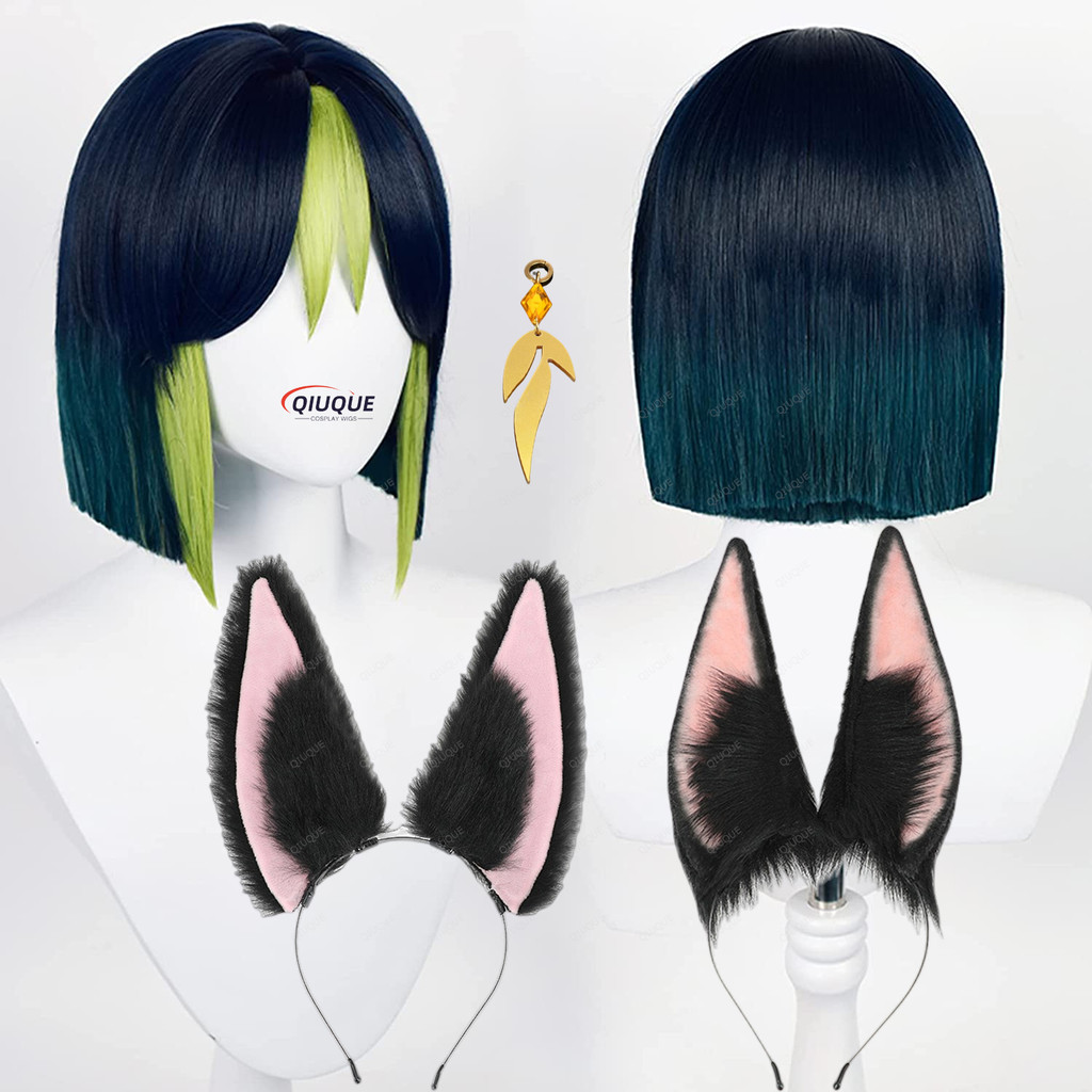 Game Impact Tighnari Cosplay Wig Heat Resistant Synthetic Hair Anime Wigs + Wig Cap + Ears