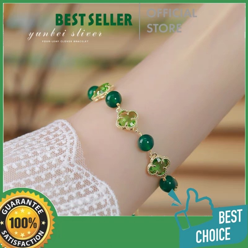 Gelang Giok Kacang Asli Retro Model Cina Elegant Hijau Bunga Titanium Serut Adjustable Berlapis Emas