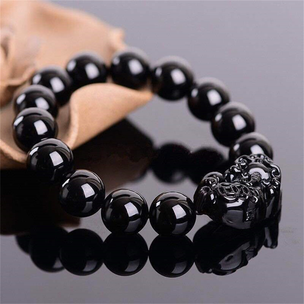 Feng Shui Wealth Bracelet Pixiu Good Luck Bracelet Black Obsidian Stone Crystal Beads Bracelet for W