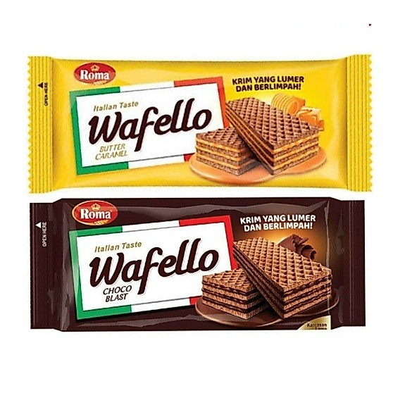 WAFELLO WAFER CHOCO BLAST 135 GRAM BUTTER CARAMEL 130 gr ROMA MAYORA ITALIAN TASTE PROMO