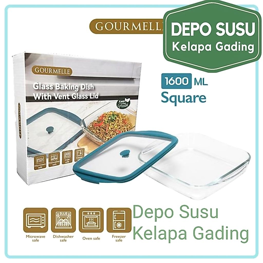 Gourmelle Glass Baking Dish With Vent Glass Lid | Oval Square Rectangle 1600ml 800ml 2000ml | Wadah 