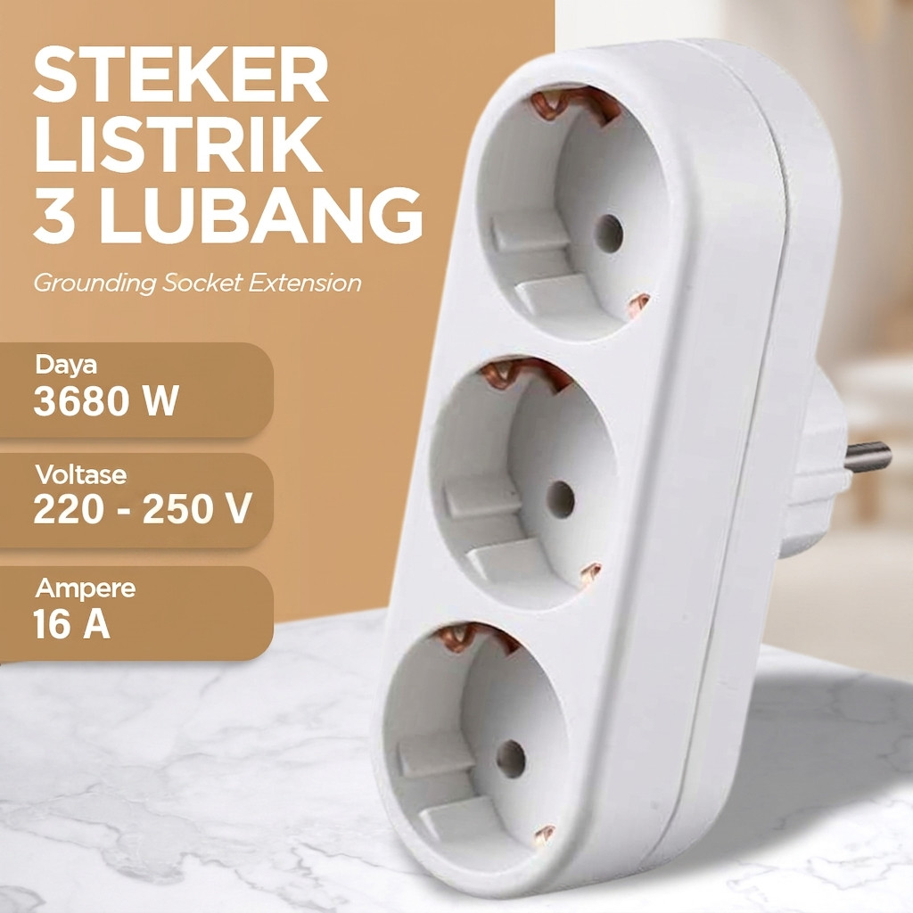 Steker Cabang 3 Lubang Grounding - Adaptor Colokan Listrik EU Plug 3680W
