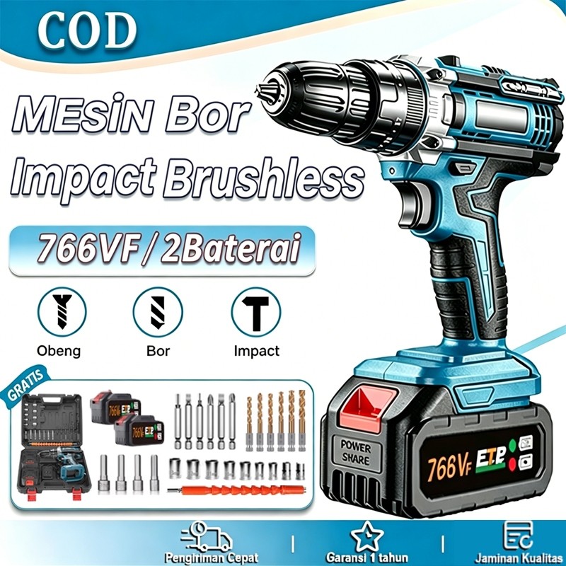 YONA.ID Mesin bor 766VF bor listrik cordless drill 2 baterai cas 10mm bor tangan baterai bor besi te