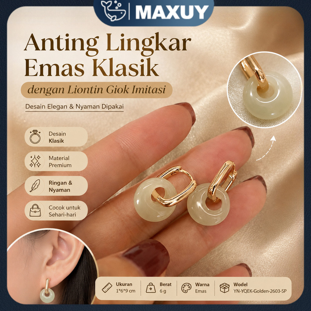 Anting Lingkar Emas Gaya Klasik dengan Liontin Batu Giok Imitasi, Anting Wanita Fashionable & Elegan