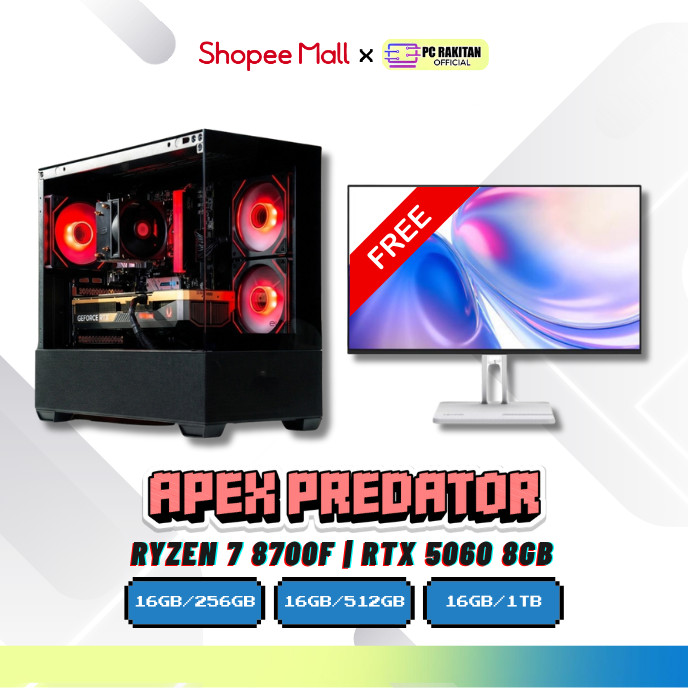 [FREE MONITOR] RAKITAN PC GAMING APEX RYZEN 7 8700F RTX 5060 8G/ 16GB 512GB