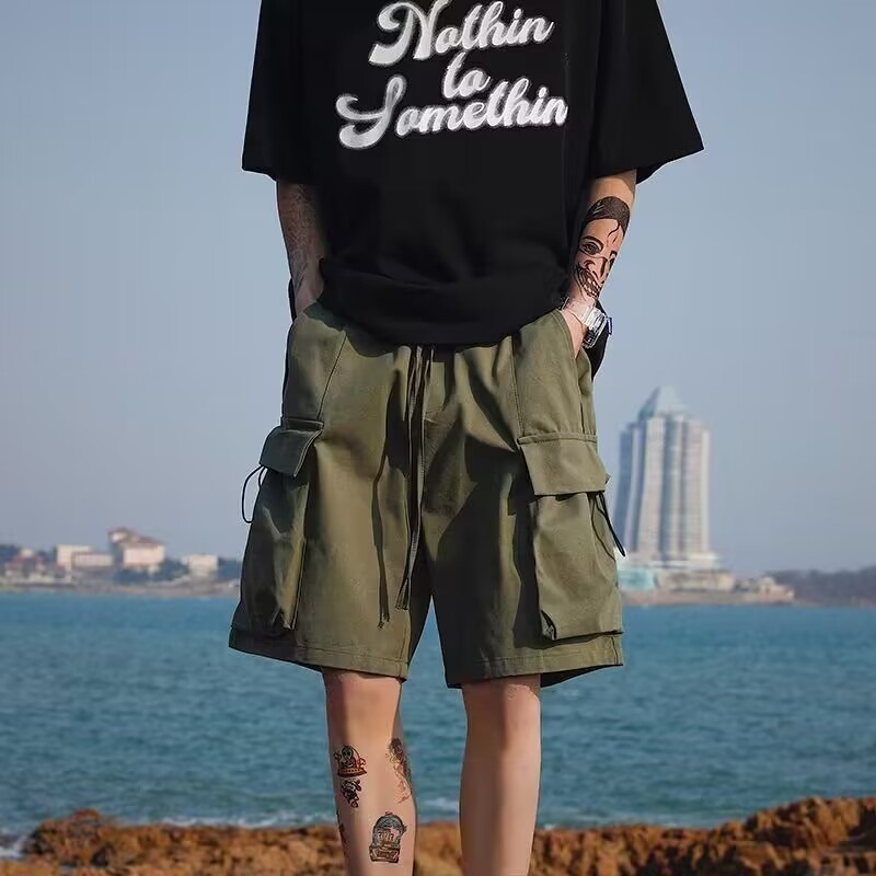 Roar Wild-Multi-Pocket Cargo Shorts Pria  Loose Hip Hop Drawstring Casual Pants