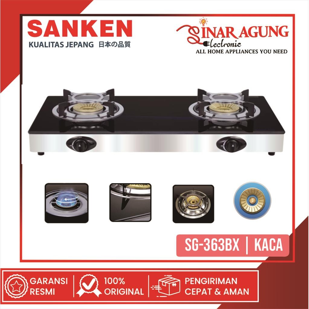 SANKEN SG363BX / SG-363BX KOMPOR GAS 2 TUNGKU TEMPERED GLASS