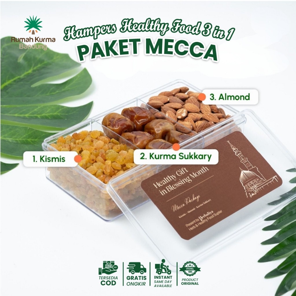 

Buraidah Mecca Package Hampers Snack Kismis Kurma Sukari Almond Premium 3 In 1 Free Kartu Ucapan