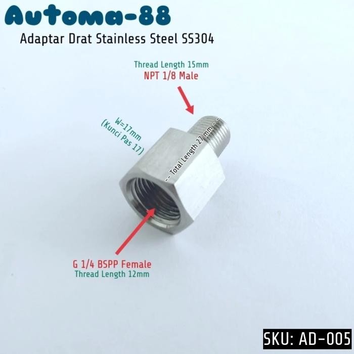 LT68 - AD-005 Adapter Drat Dalam G 1/4 inch Female x Luar NPT 1/8 inch Male Stainless Steel SS304