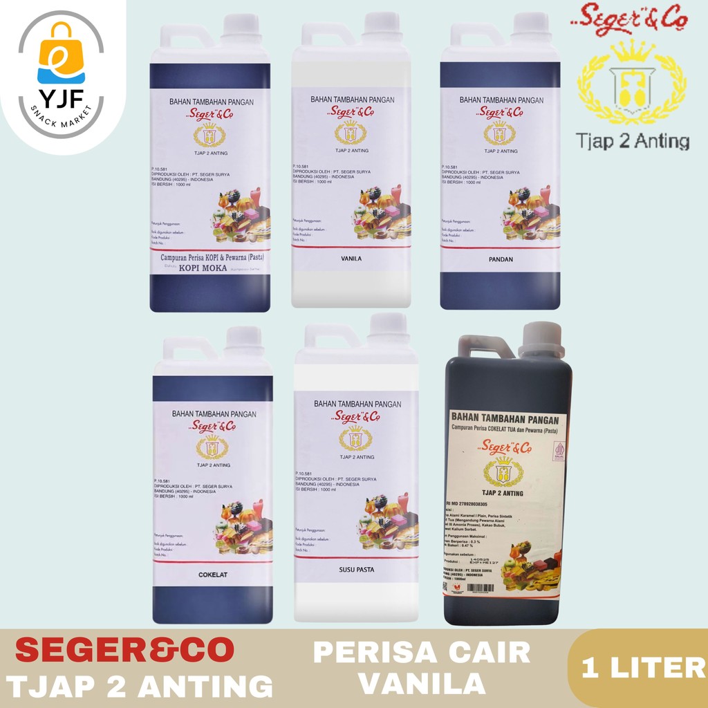 

Seger & Co Campuran Perisa & Pewarna pandan1 Liter / Tjap 2 Anting / Vanilla Essence / Kopi Moka / Pandan / Cokelat / Susu / Cokelat Tua / Pasta / Perisa