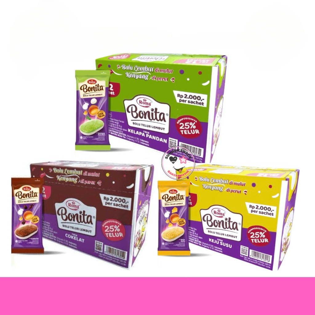 

Roma Bonita Bolu Telur Lembut Box (Isi 12 Sachet/Box) (12x30g) (3 Varian Rasa) BON
