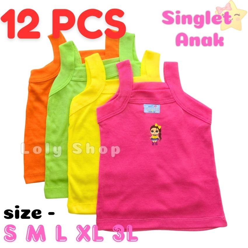 12 PCS -  Tanktop Anak Perempuan / Kaos Dalam Anak Perempuan / Singlet Anak Cewek Enji Stabilo Stick