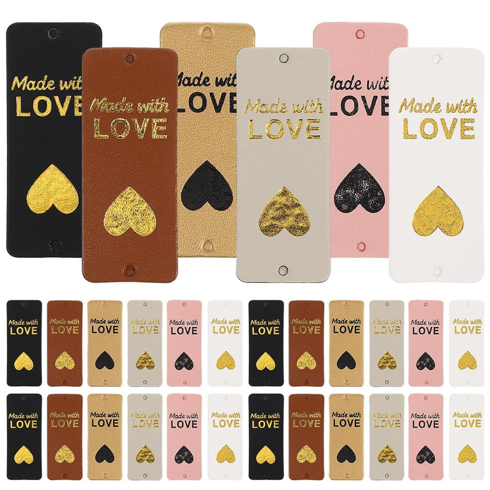 

24pcs PU Leather Tags Faux Leather Handmade Labels Handmade with Love Tag Embossed Sew on Tag Crochet Tags for Clothes Hats