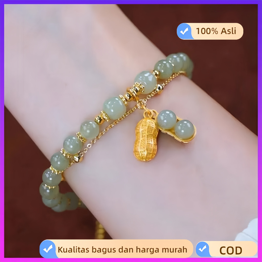 Gelang Giok Kacang Titanium Asli/Gelang Giok Kacang Wanita Lapis Emas 18K Anti-pudar/Gelang Giok Kac