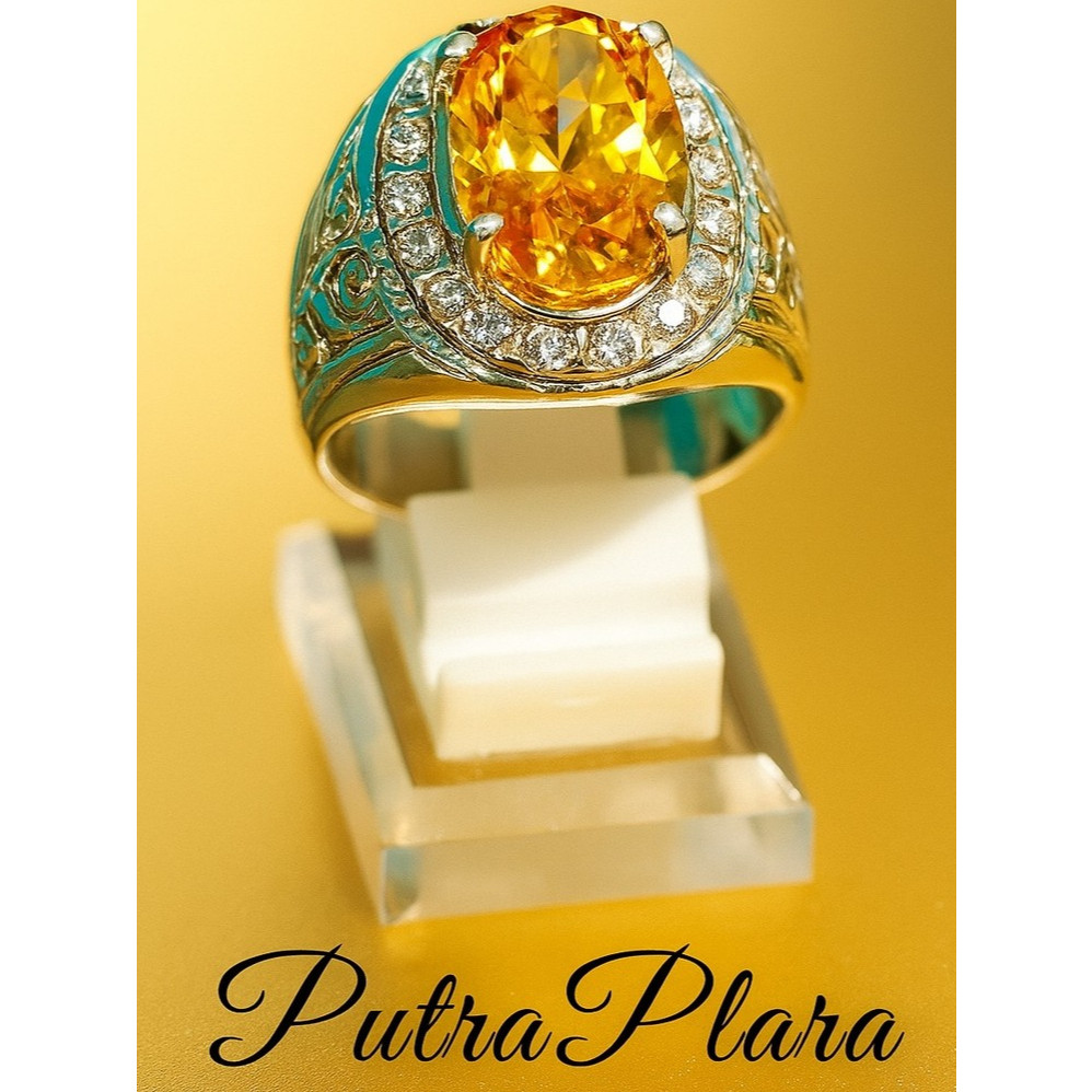 Cincin Batu Akik Yellow Citrine Asli | American Diamond  Gemstone | Cincin Pria Elegan Premium Ring 