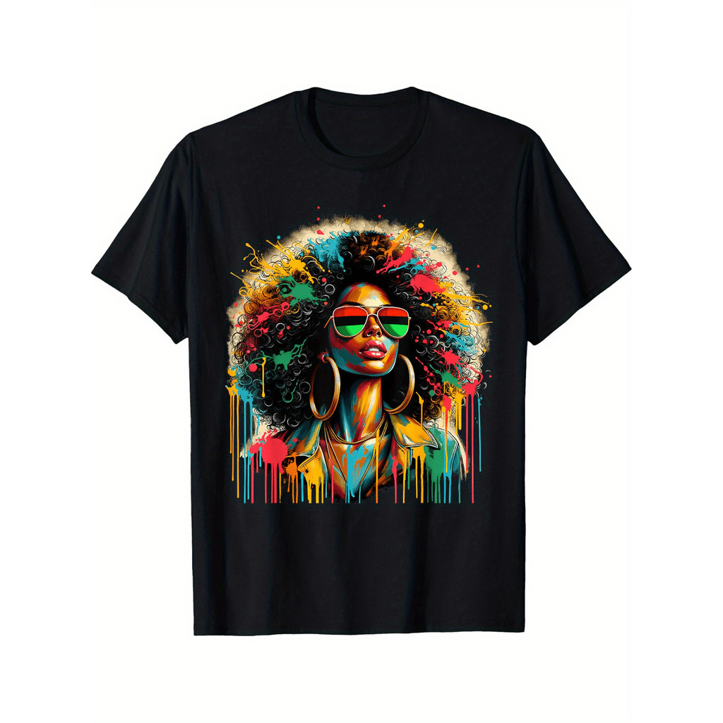 Kaos Pria Desain Ratu Afrika Bohemian yang Dilukis dengan Sembarangan - Potret Berwarna Cerah, Katun