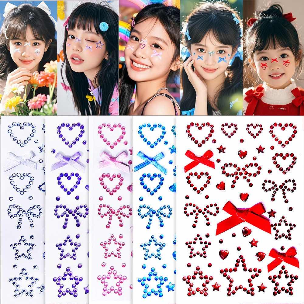 Stiker berlian cinta wajah bintang lima pita dekorasi wajah / riasan wajah / stiker mata berlian