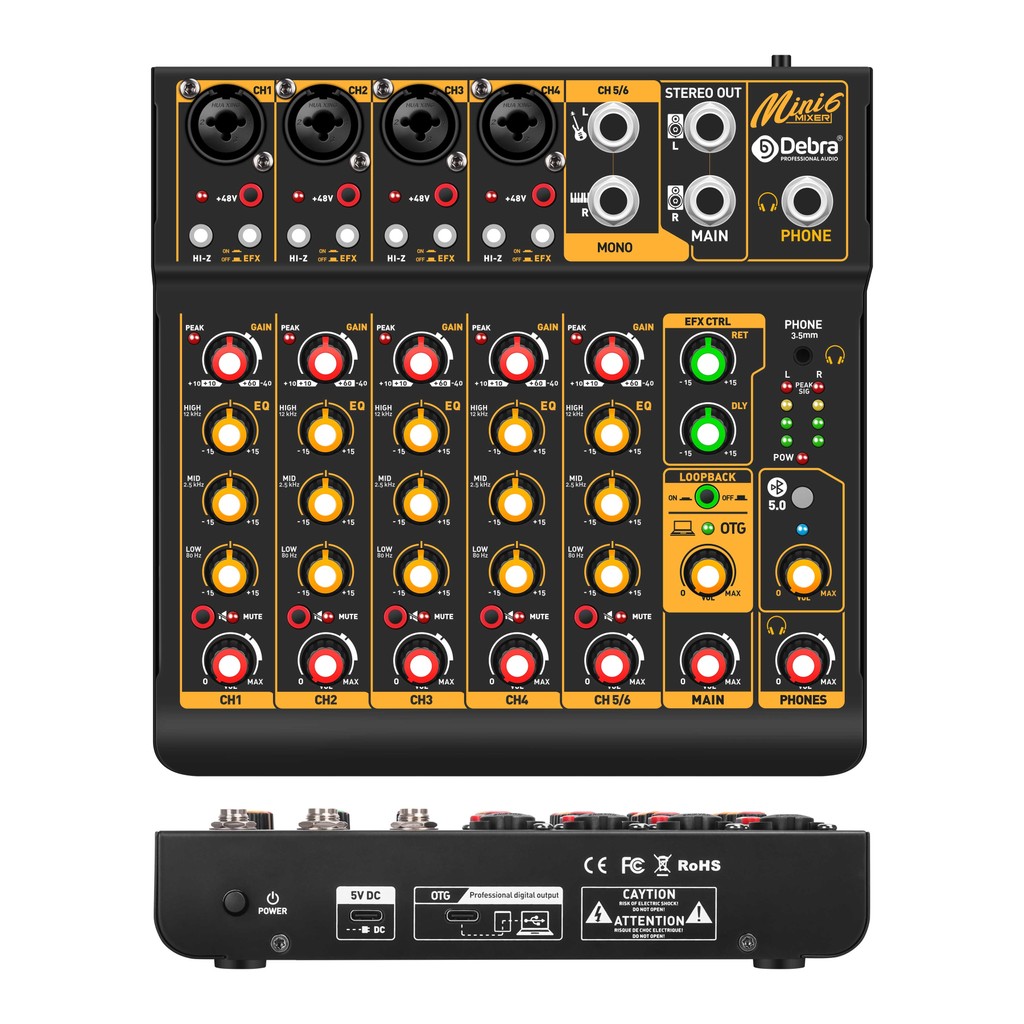 Mini 6 6-Channel Audio Mixer DJ Mixer with Bluetooth 5.0 OTG Reverb 48V Sound Card for PC Recording,