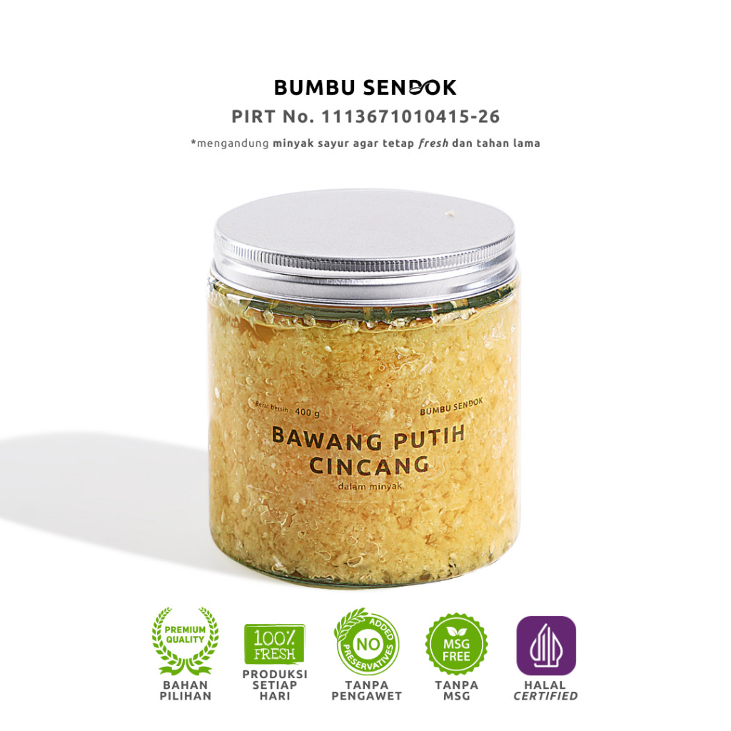 

Bawang Putih Cincang dalam Minyak / Minced Garlic in Oil 400g --- BUMBU SENDOK Halus Dapur Instan Masak Homemade Basah Tanpa MSG Lengkap Komplit Giling MPASI Putih Merah Bombay Kating Brebes Baceman Cepat Saji Favorit Premium HALAL PIRT